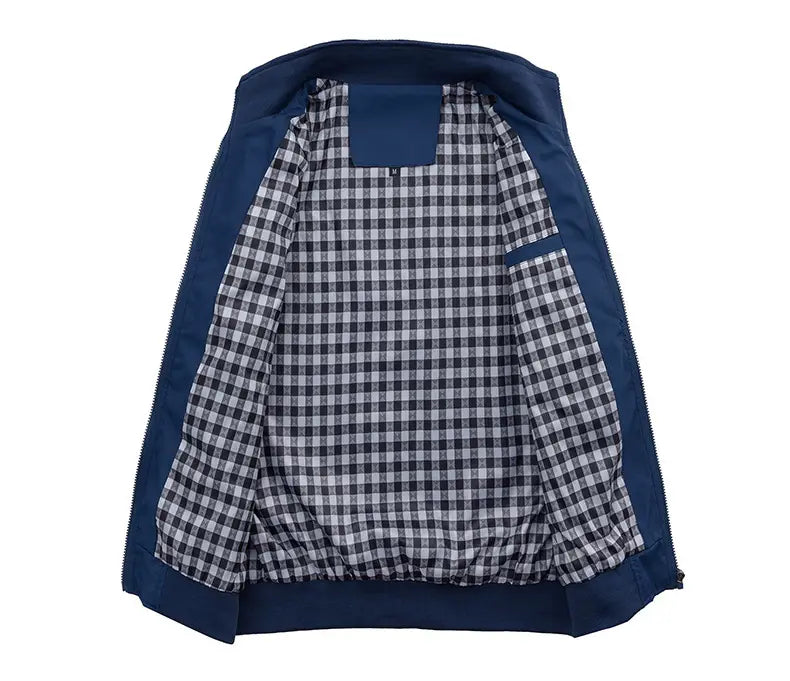 Men’s slim bomber jacket casual lightweight outerwear featuring navy blue fabric with black and white checkered pattern and contrasting inner lining.