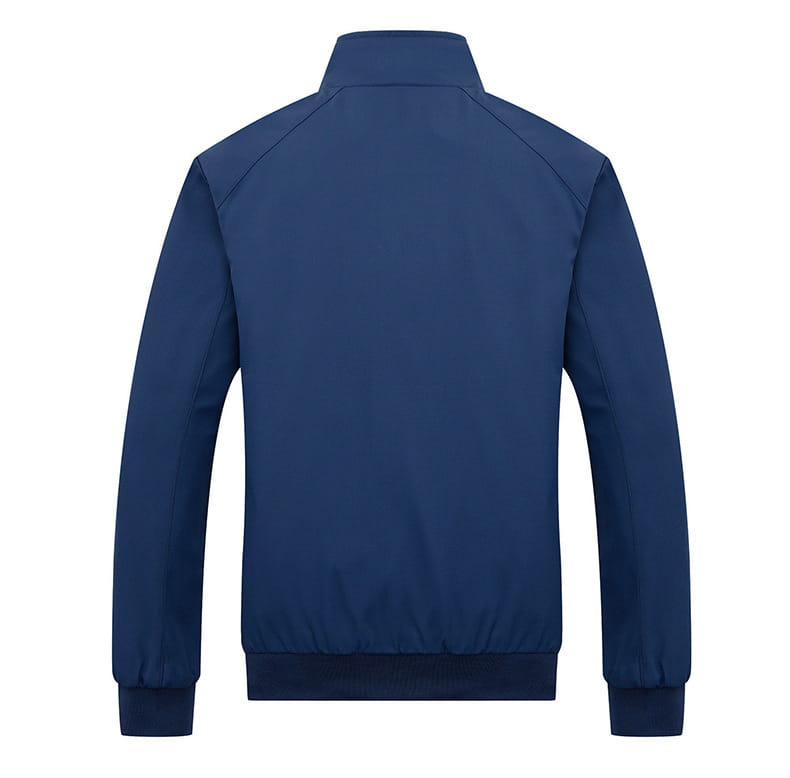 Navy blue men’s slim bomber jacket with ribbed cuffs and hem featuring a zip-up front designed as lightweight casual outerwear.