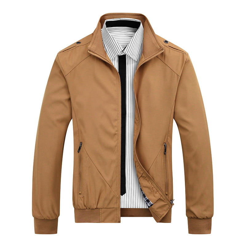 Men’s slim bomber jacket in tan lightweight fabric featuring a stand-up collar and zippered pockets for casual outerwear use.