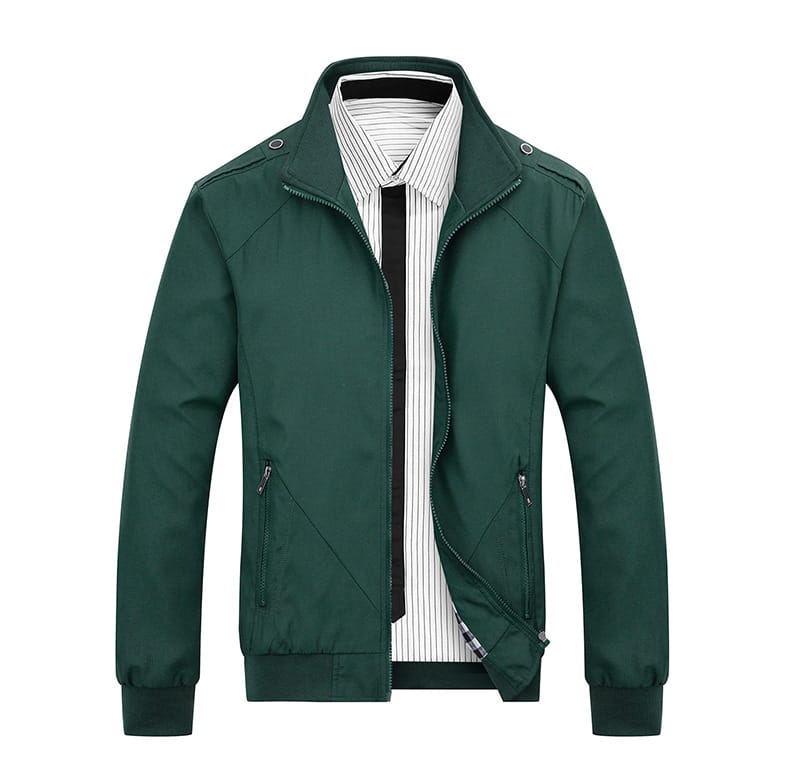 Men’s slim dark green bomber jacket with stand-up collar front zipper closure and two side pockets lightweight casual outerwear.