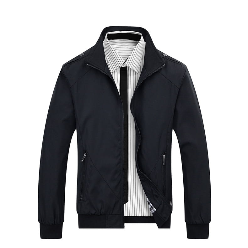 Men’s slim black nylon bomber jacket with stand-up collar and zippered pockets casual lightweight outerwear.