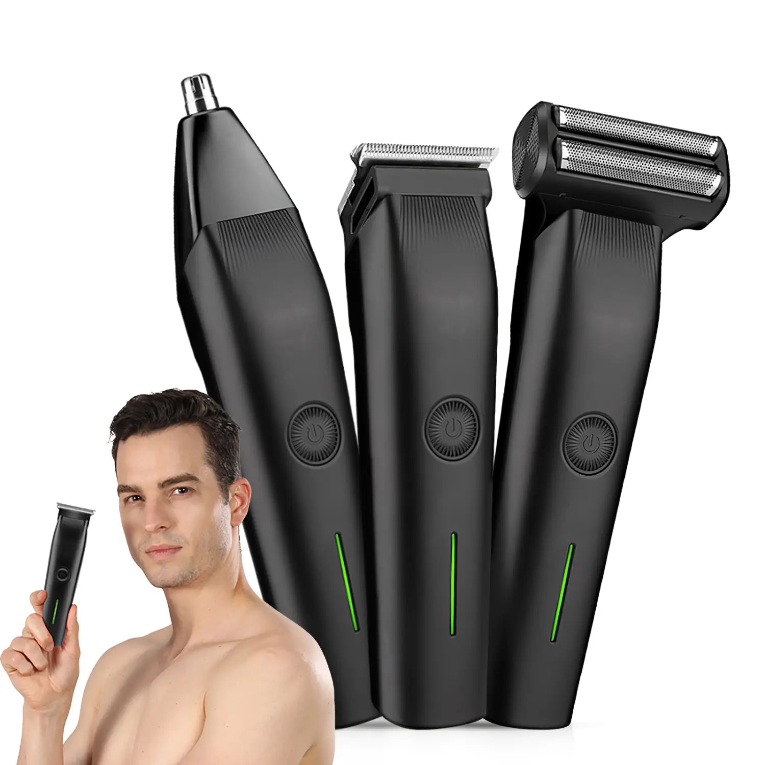 Elektrischer Bartschneider in Schwarz, 3-in-1-Pflegeset für Männer und Haarschneider mit drei vielseitigen Aufsätzen, elegantem modernem Design und grünem Akzentlicht.
