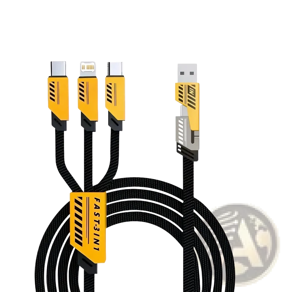 Black braided 1.2m 240w 3-in-1 fast charging cable with yellow connectors usb-a lightning and usb-c ports