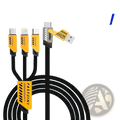 Black braided 240w 3-in-1 fast charging cable with yellow and black usb lightning and type-c connectors 1.2m length