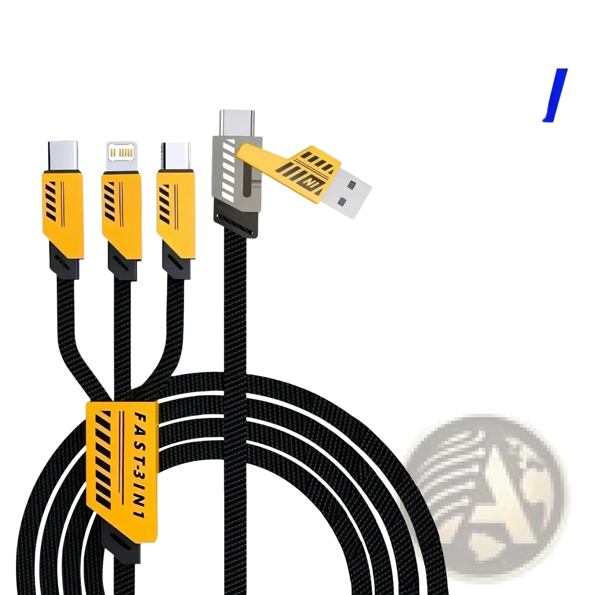 Black braided 240w 3-in-1 fast charging cable with yellow and black usb lightning and type-c connectors 1.2m length