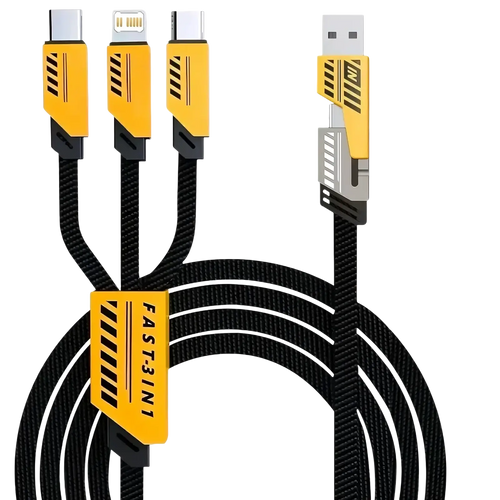 Black braided usb charging cable with yellow and black connectors 240w 3-in-1 fast charging cable 1.2m multiple ports