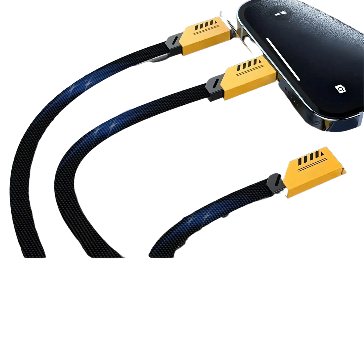 240w 3-in-1 fast charging cable 1.2m with black braided cable and yellow connectors featuring type-c lightning and micro ports