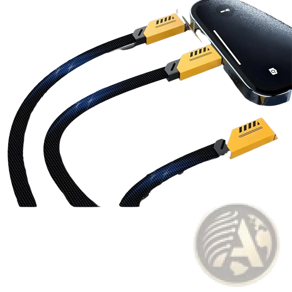 240w 3-in-1 fast charging cable 1.2m with black braided cable and yellow connectors featuring type-c lightning and micro ports