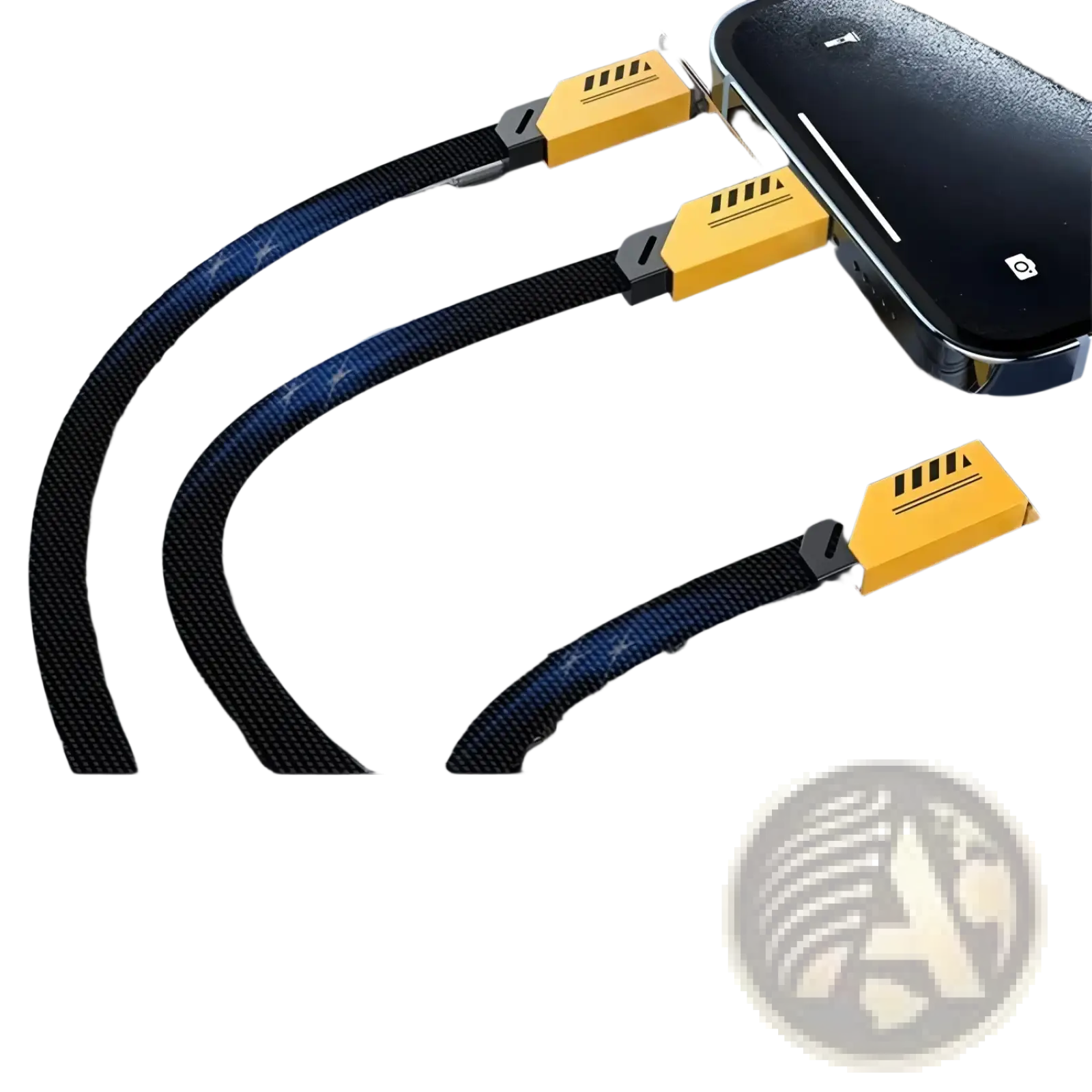 240w 3-in-1 fast charging cable 1.2m with black braided cable and yellow connectors featuring type-c lightning and micro ports