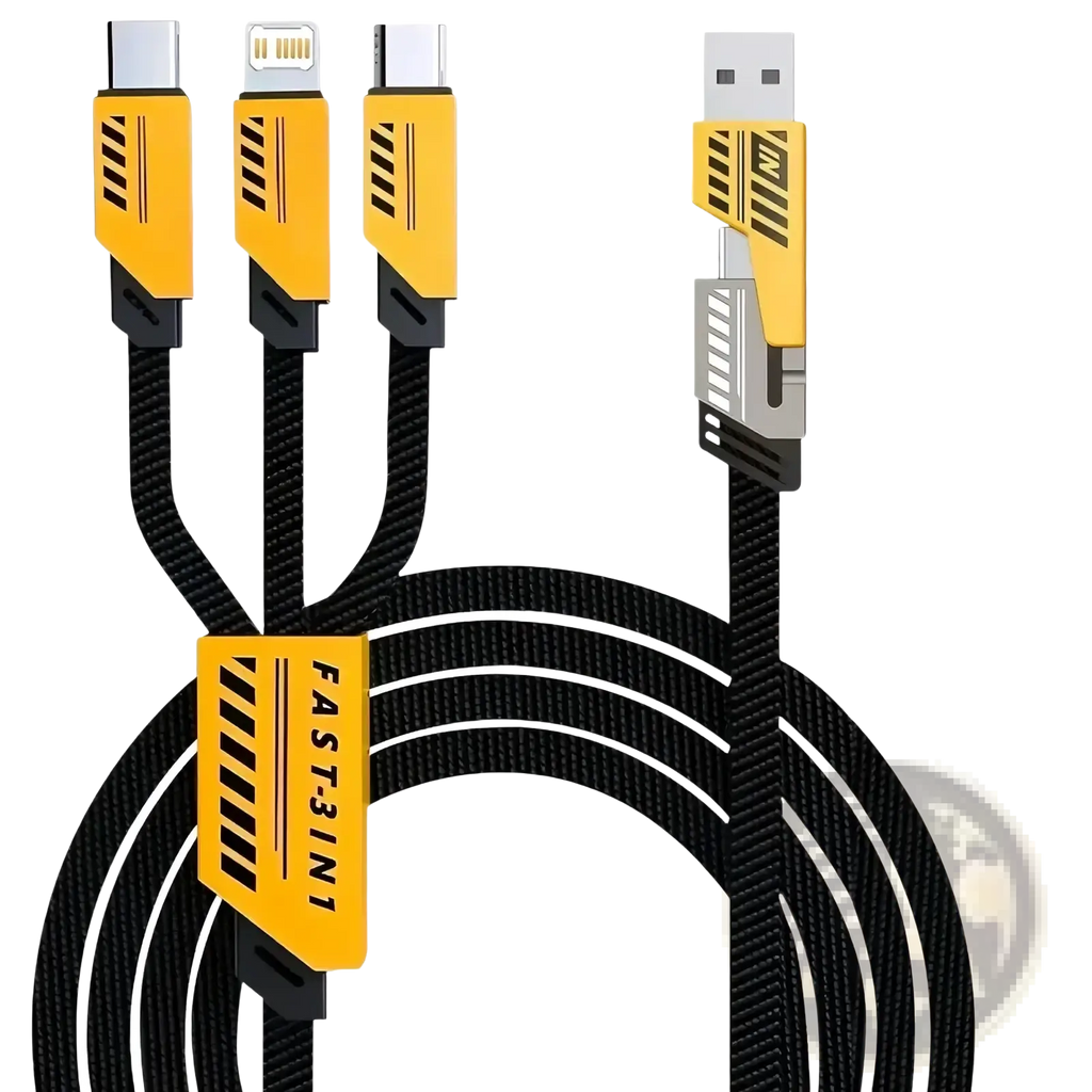 Black braided usb charging cable with yellow and black connectors 240w 3-in-1 fast charging cable 1.2m multiple ports
