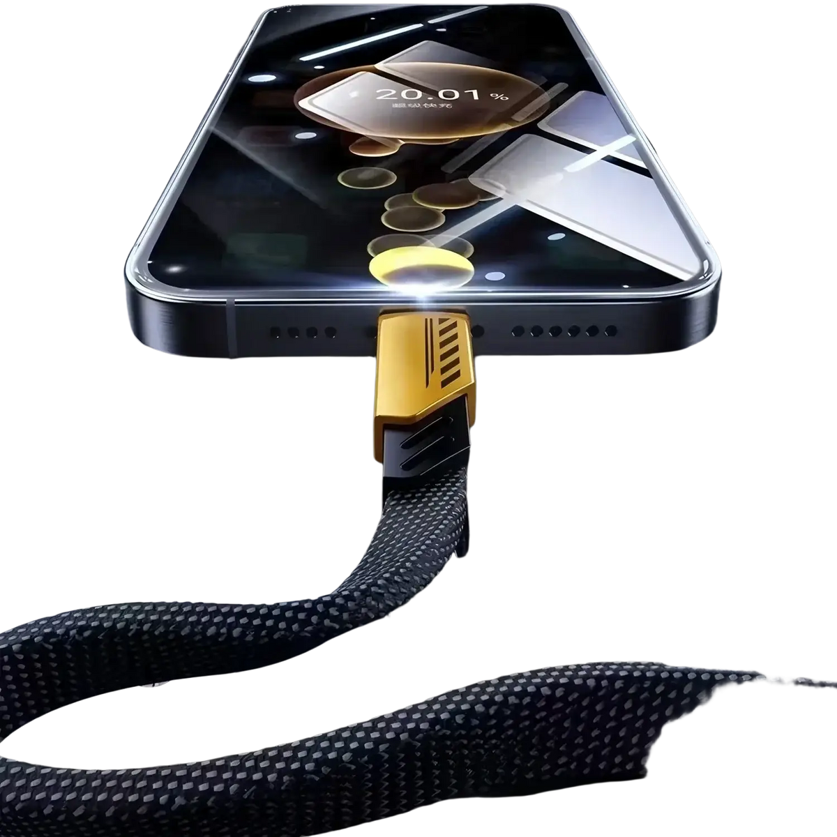 Gold-colored 240w 3-in-1 fast charging cable with black braided cord and sleek textured connector 1.2m length