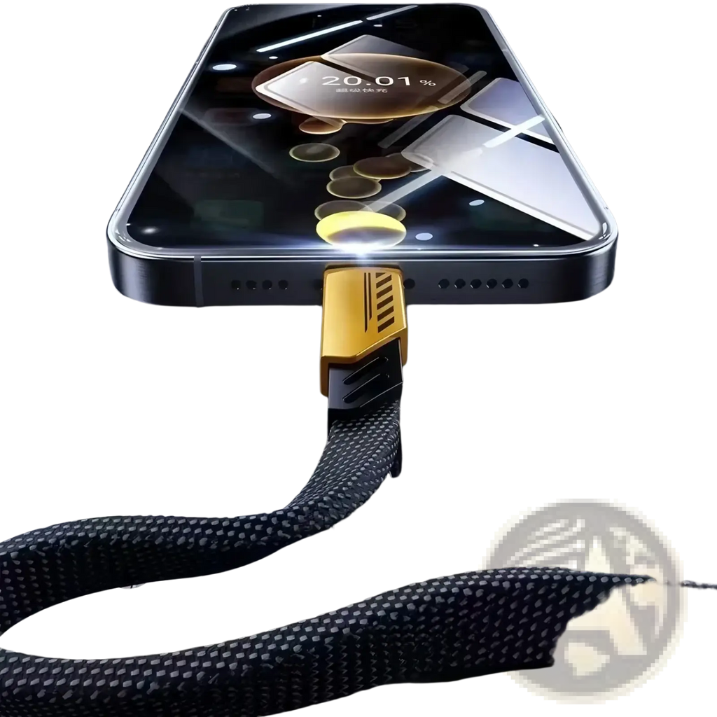 Gold-colored 240w 3-in-1 fast charging cable with black braided cord and sleek textured connector 1.2m length