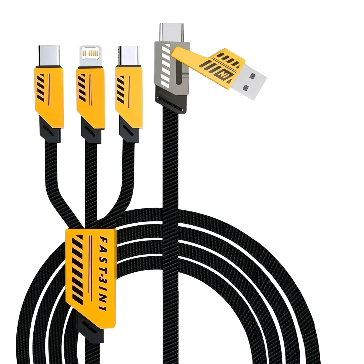 Yellow and black 240w 3-in-1 fast charging cable with 2-in-3 usb connectors for versatile device charging 1.2m length