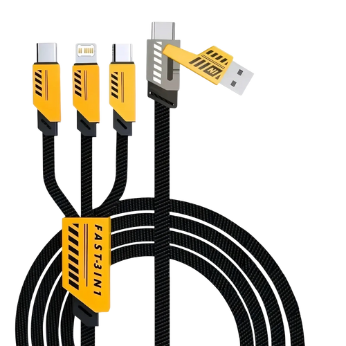 Yellow and black 240w 3-in-1 fast charging cable with 2-in-3 usb connectors for versatile device charging 1.2m length