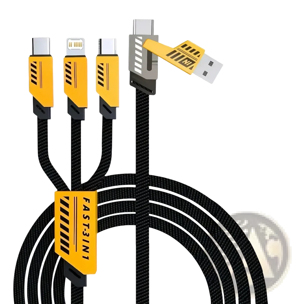 Yellow and black 240w 3-in-1 fast charging cable with 2-in-3 usb connectors for versatile device charging 1.2m length