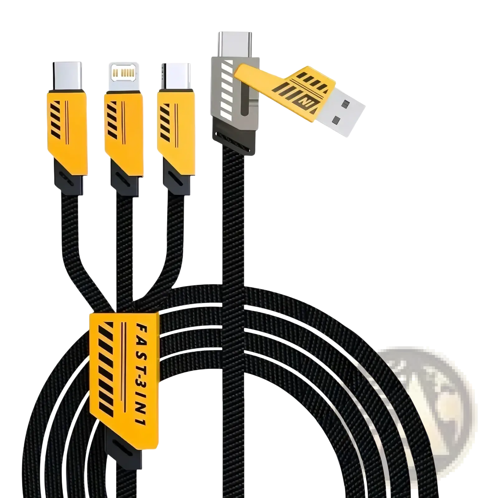 Yellow and black 240w 3-in-1 fast charging cable with 2-in-3 usb connectors for versatile device charging 1.2m length