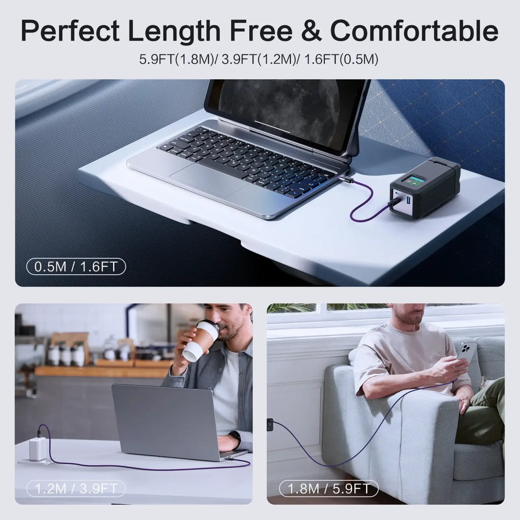 Black rectangular portable power bank with usb ports and digital display compatible with 240w magnetic usb c fast charging cable