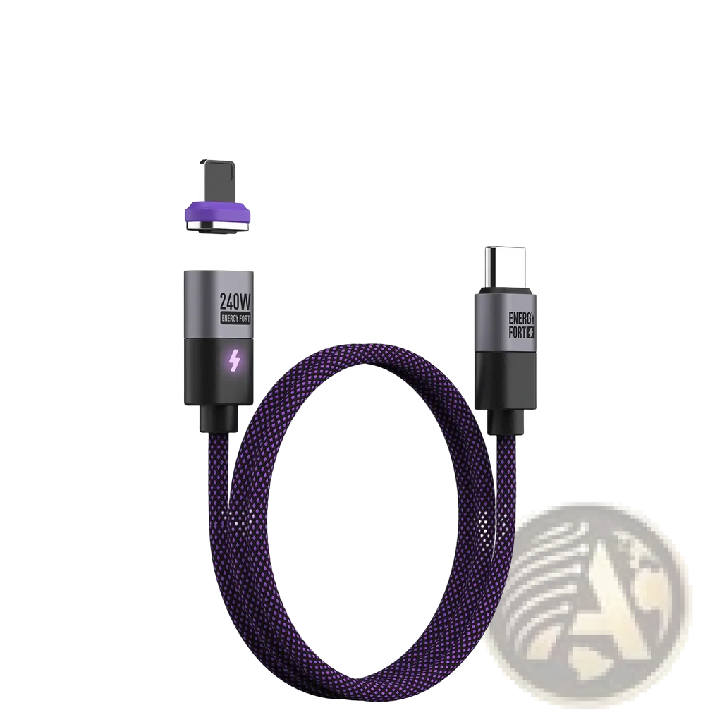 Purple braided magnetic usb c fast charging cable with l plug and 240w energy fortz branding on connectors
