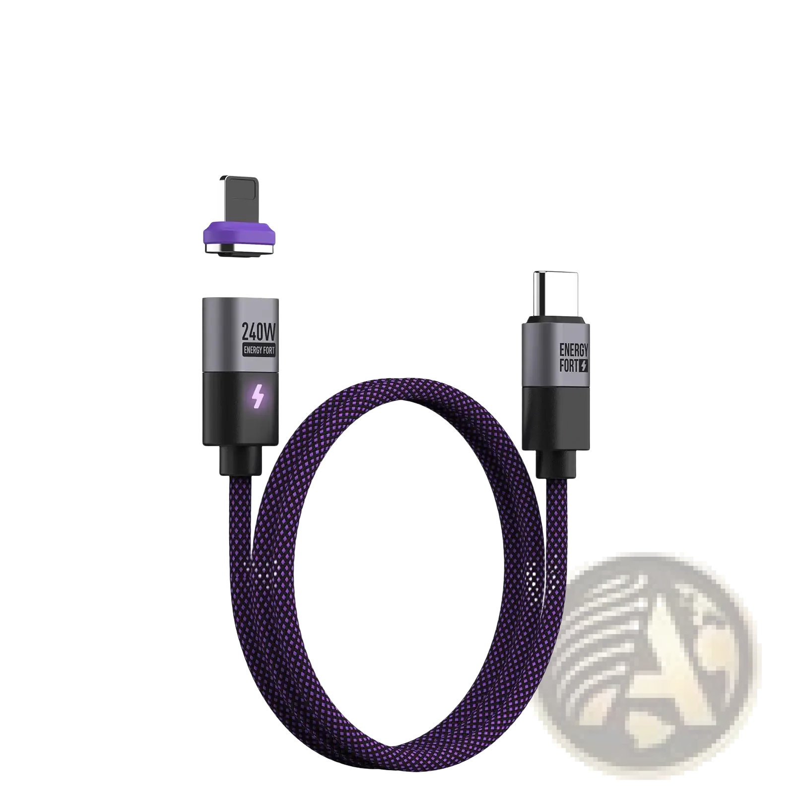 Purple braided magnetic usb c fast charging cable with l plug and 240w energy fortz branding on connectors
