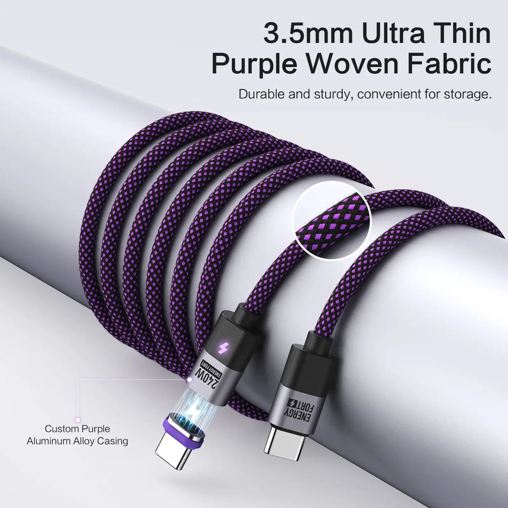 Purple 3.5mm ultra thin woven fabric 240w magnetic usb c fast charging cable with aluminum alloy casing and magnetic connectors