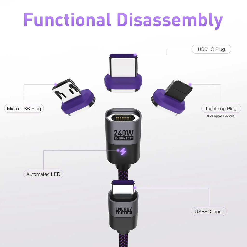 Purple and black 240w magnetic usb c fast charging cable with interchangeable usb c micro usb and lightning plugs