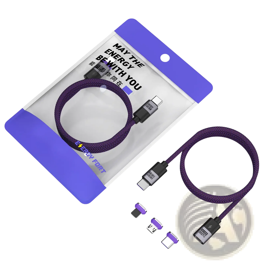 Purple braided 240w magnetic usb c fast charging cable with interchangeable magnetic connectors and tips