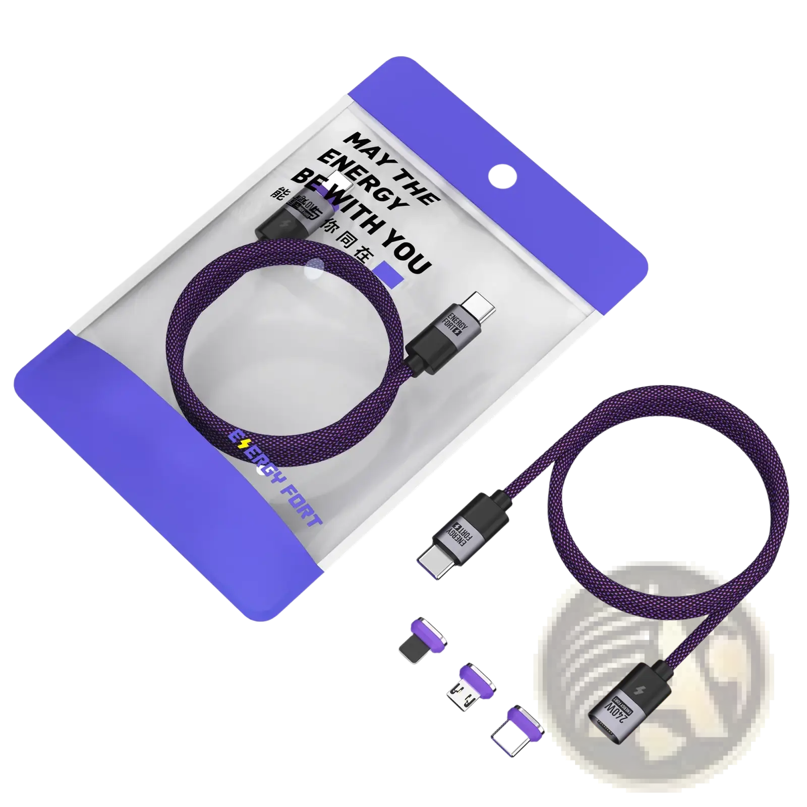 Purple braided 240w magnetic usb c fast charging cable with interchangeable magnetic connectors and tips