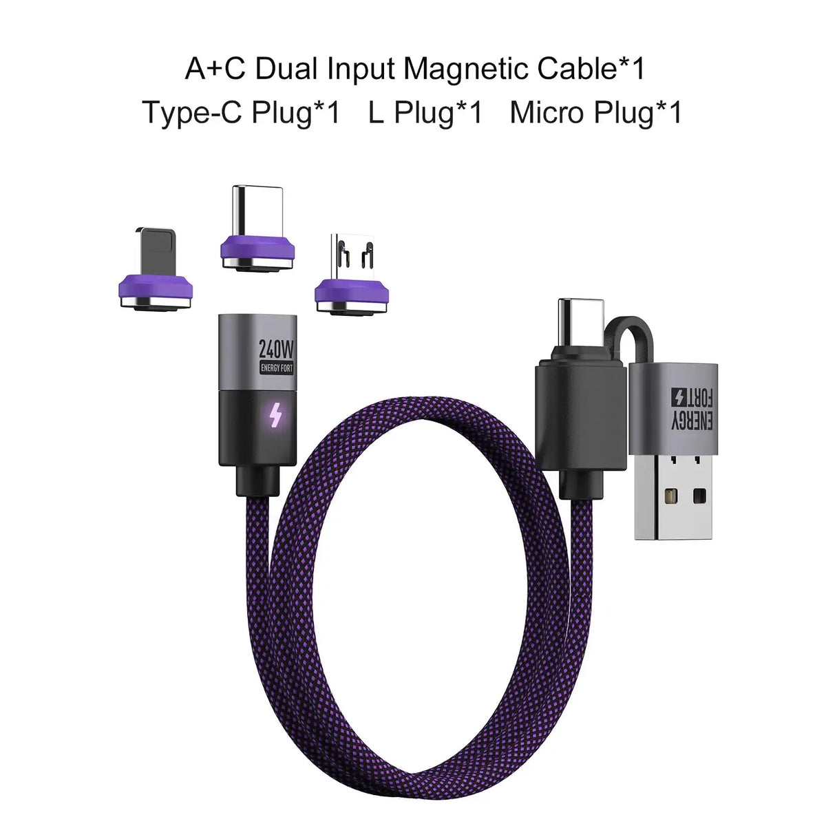Purple braided magnetic 240w fast charging usb c cable with l plug and micro usb connectors for versatile use