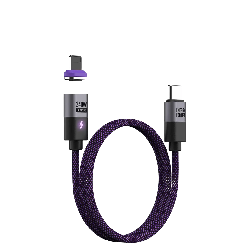 Purple braided magnetic usb c fast charging cable with l plug and 240w energy fortz branding on connectors