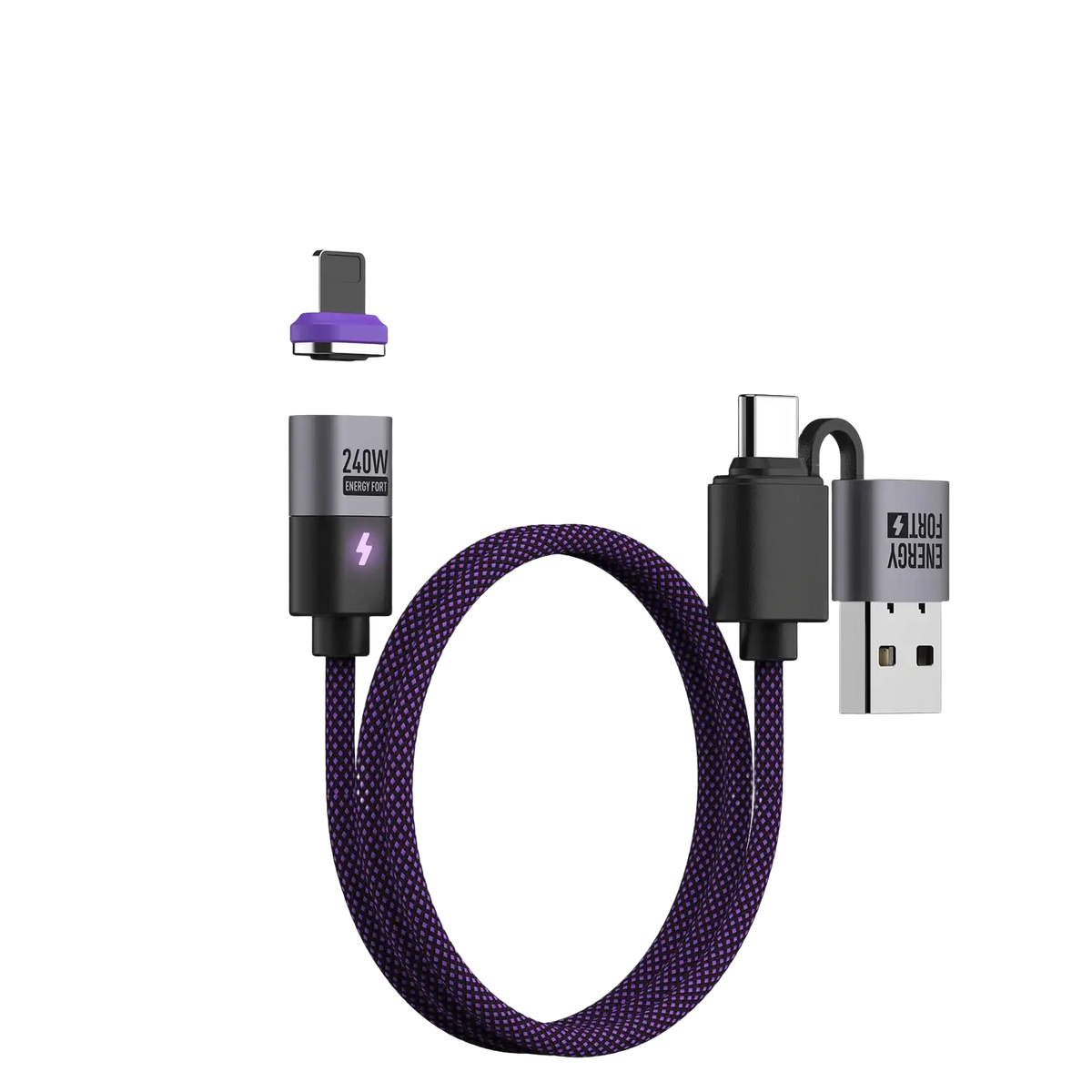 Purple braided 240w magnetic usb c fast charging cable with dual input usb type-c and lightning connectors