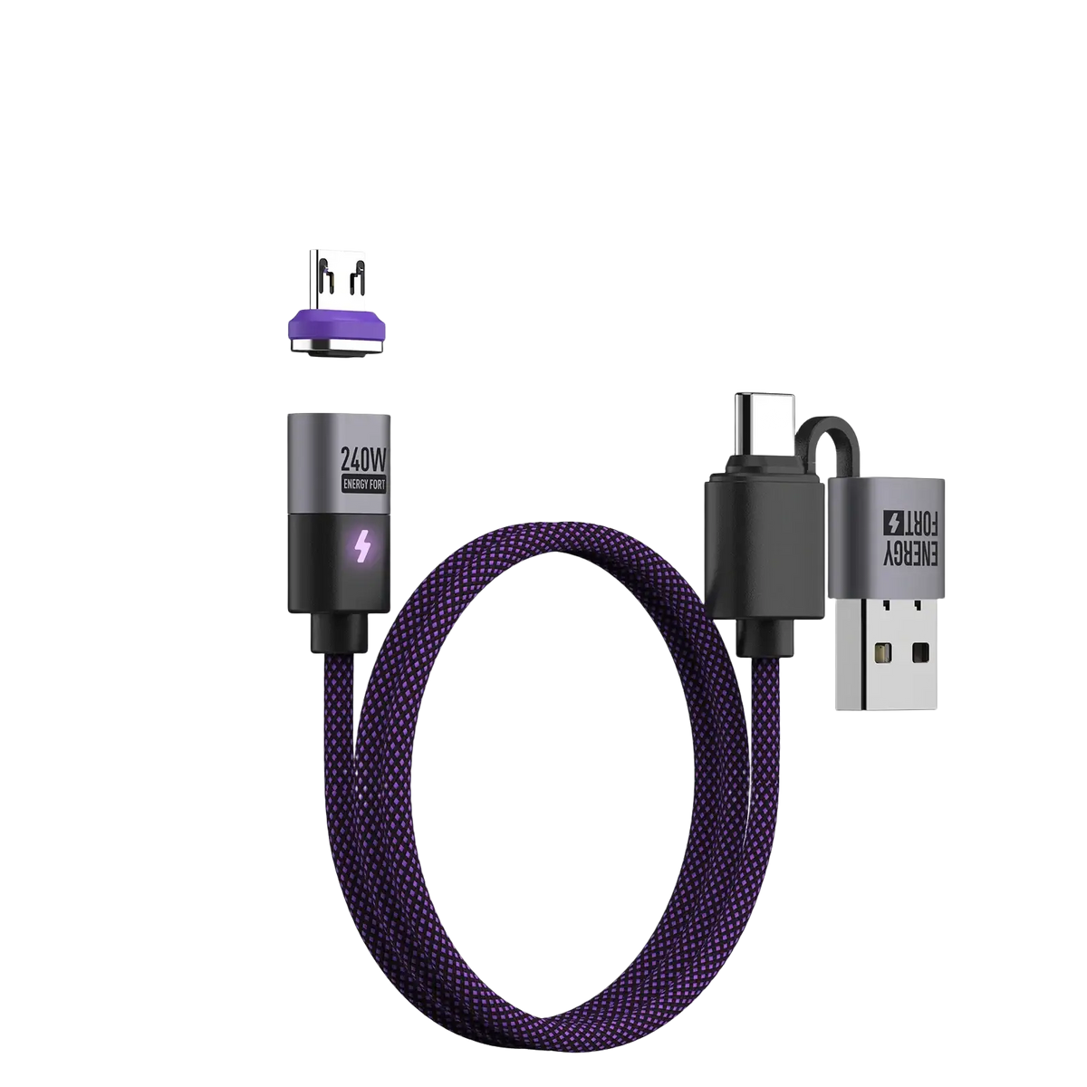 Purple braided 240w magnetic usb c fast charging cable with a plus c and micro plug dual input connectors