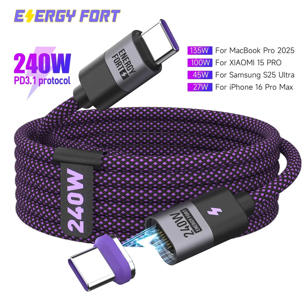Purple braided 240w magnetic usb c fast charging cable with black connectors for high power device charging