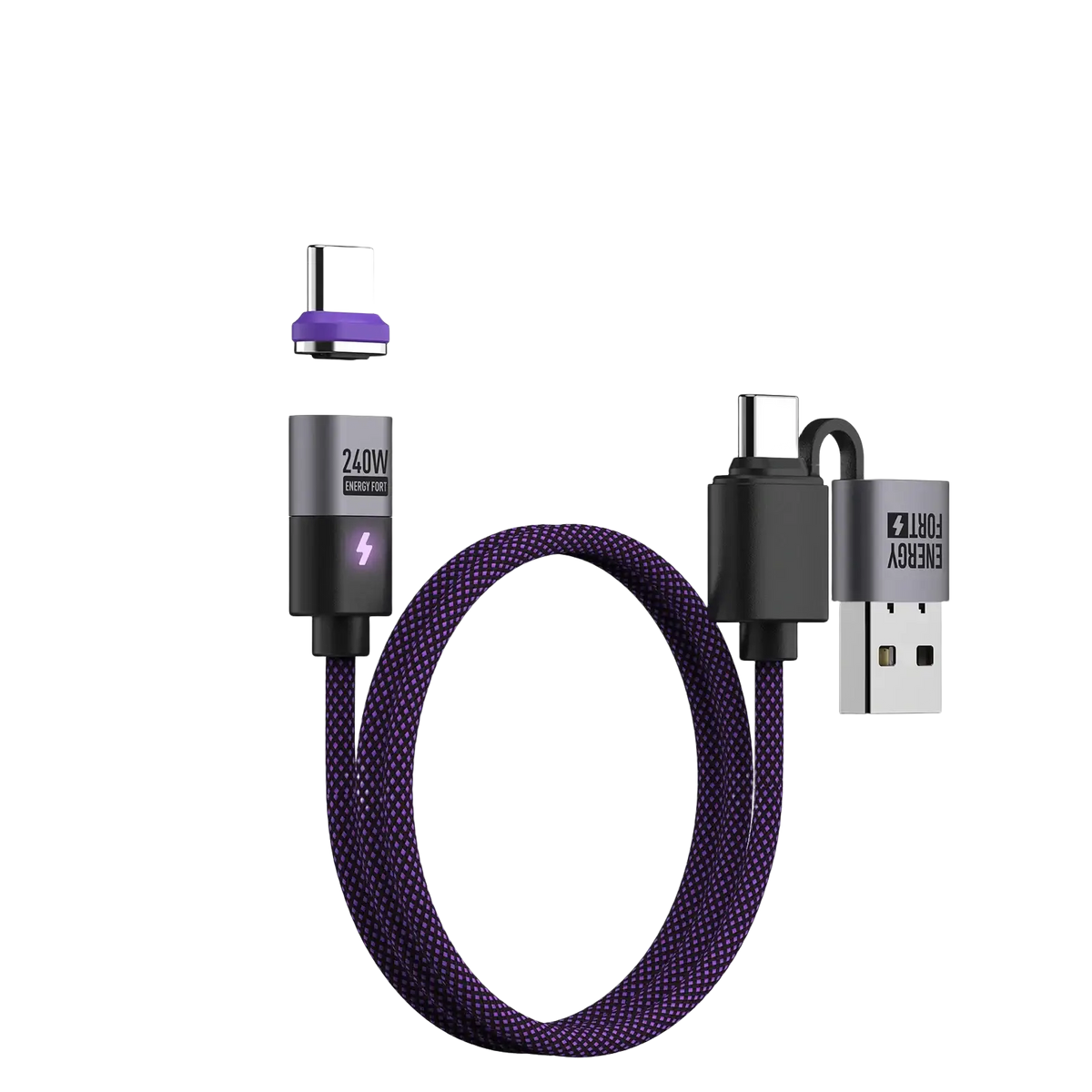 Purple woven 240w magnetic usb c fast charging cable with dual type c and usb a magnetic connectors