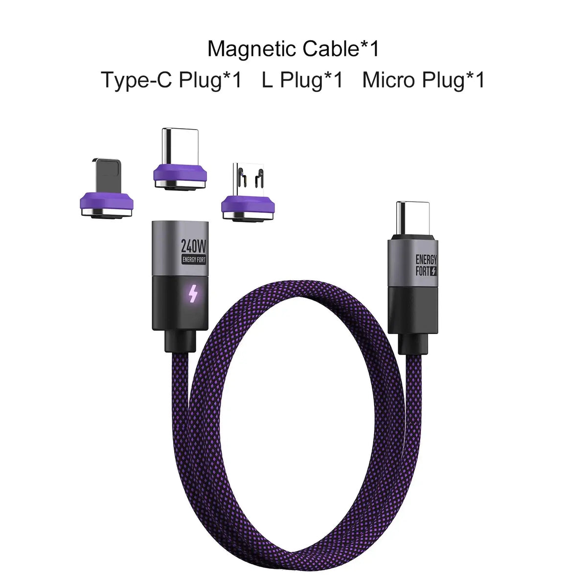 Purple woven 240w magnetic usb c fast charging cable with interchangeable type-c l plug and micro plug connectors