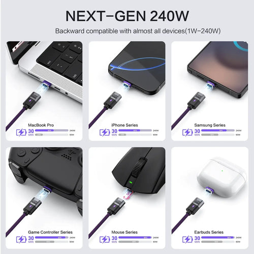 A sleek black 240w magnetic usb c fast charging cable with a textured purple braided exterior and compact connector head