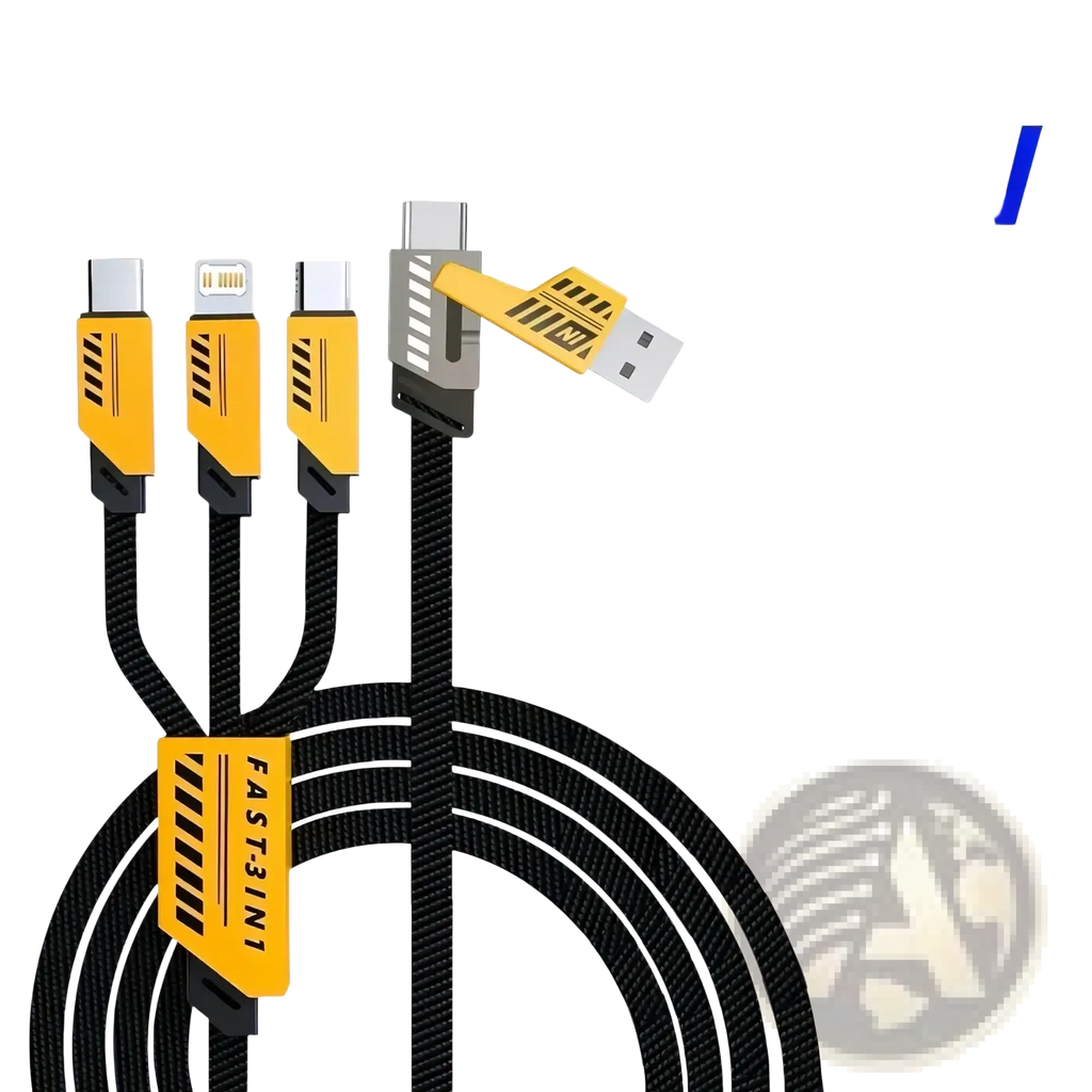 Black braided 240w multi charging cable with yellow and black usb lightning and type-c connectors for fast charging