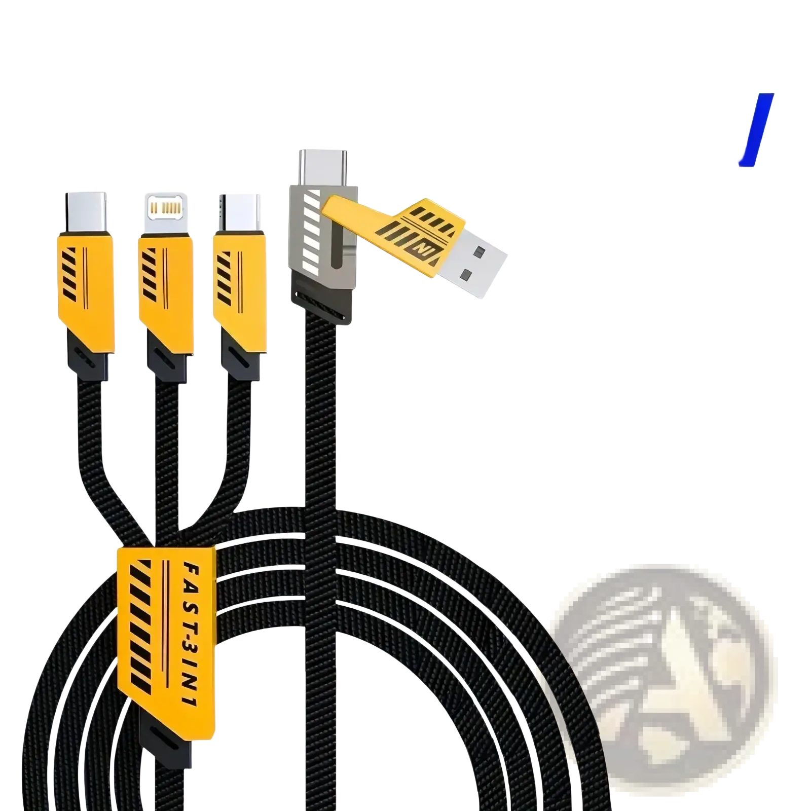 Black braided 240w multi charging cable with yellow and black usb lightning and type-c connectors for fast charging
