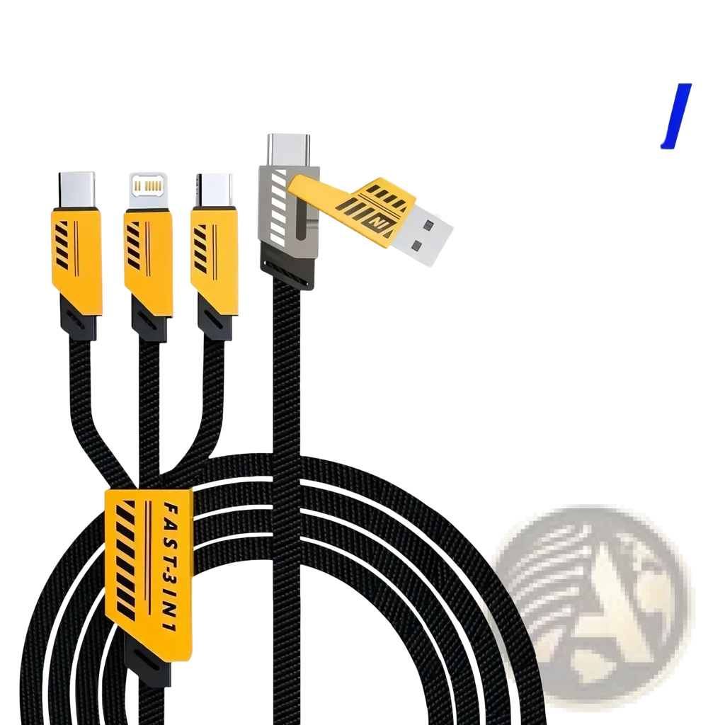 Black braided 240w multi charging cable 3 in 1 fast cord with yellow and black usb lightning and type-c connectors