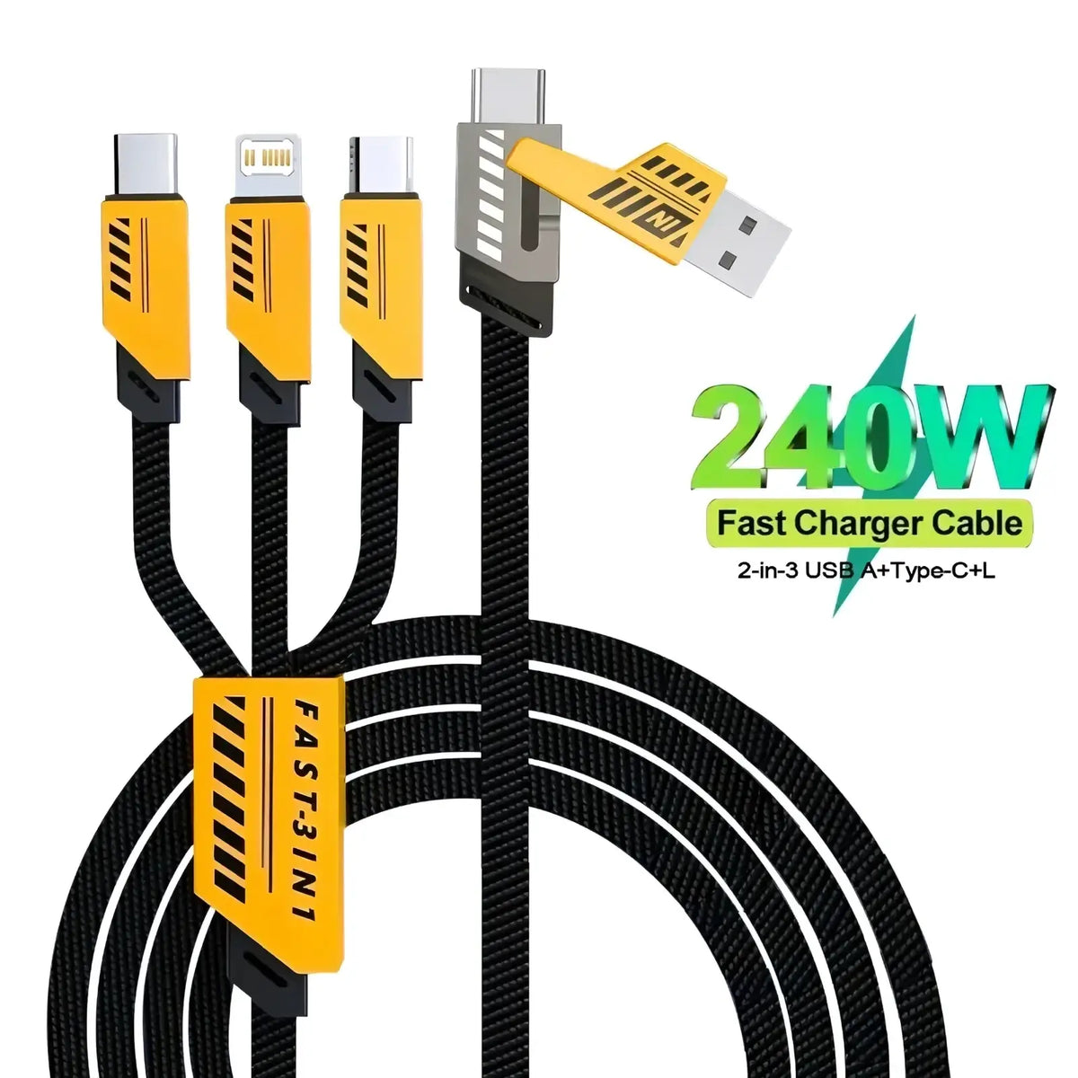 Black braided 240w multi charging cable 3 in 1 fast cord with yellow and black usb-a lightning and type-c connectors