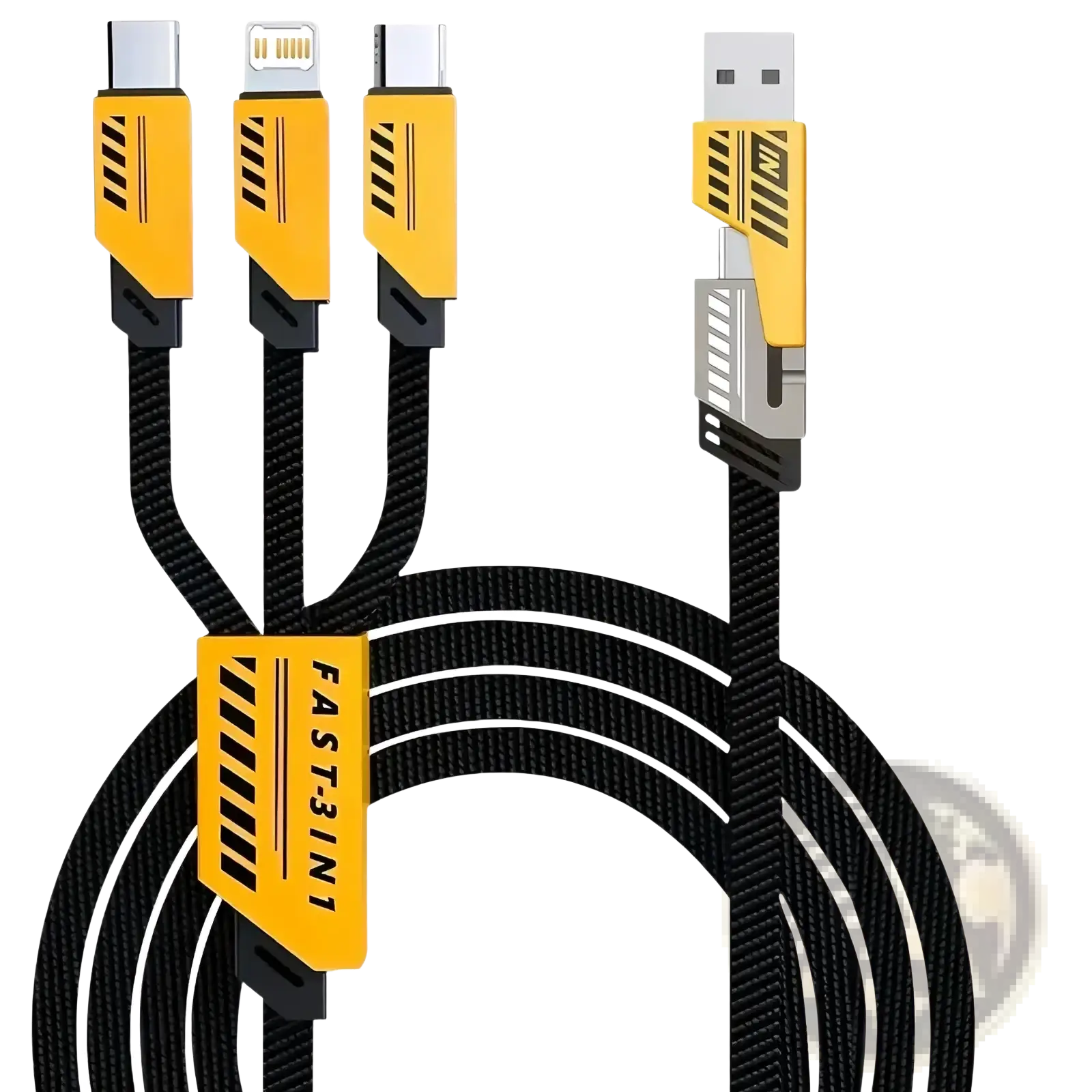 Black braided 240w multi charging cable 3 in 1 fast cord with yellow and black connectors for multiple ports