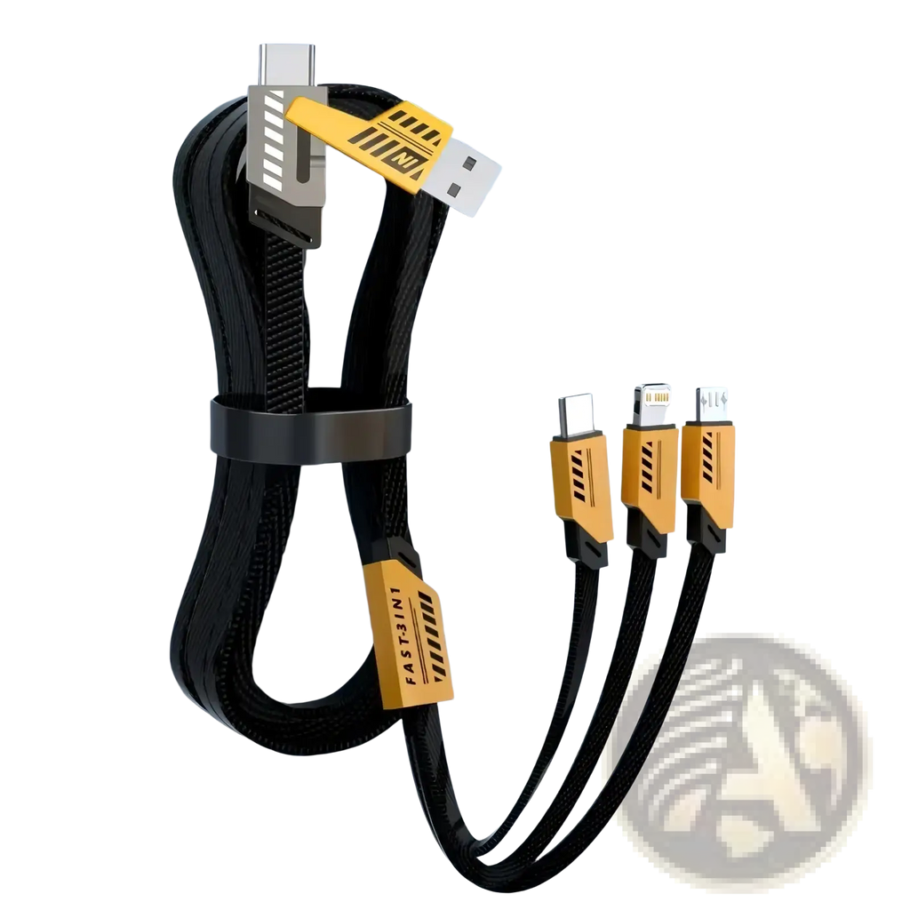 Black braided 240w multi charging cable 3 in 1 fast cord with yellow connectors and fast3in1 label