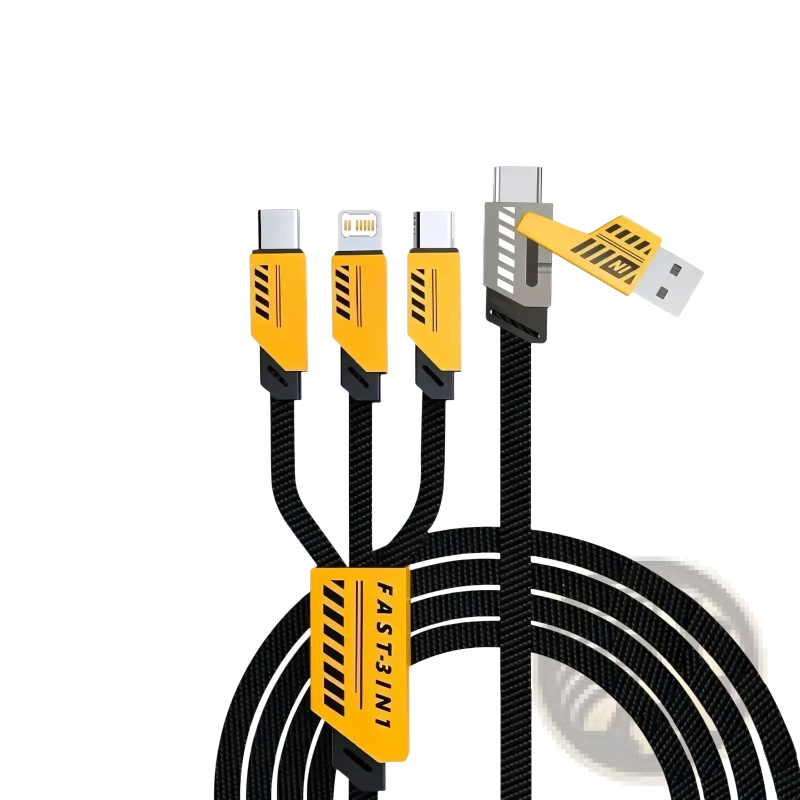 Black braided 240w multi charging cable 3 in 1 fast cord with yellow usb-a lightning and type-c connectors