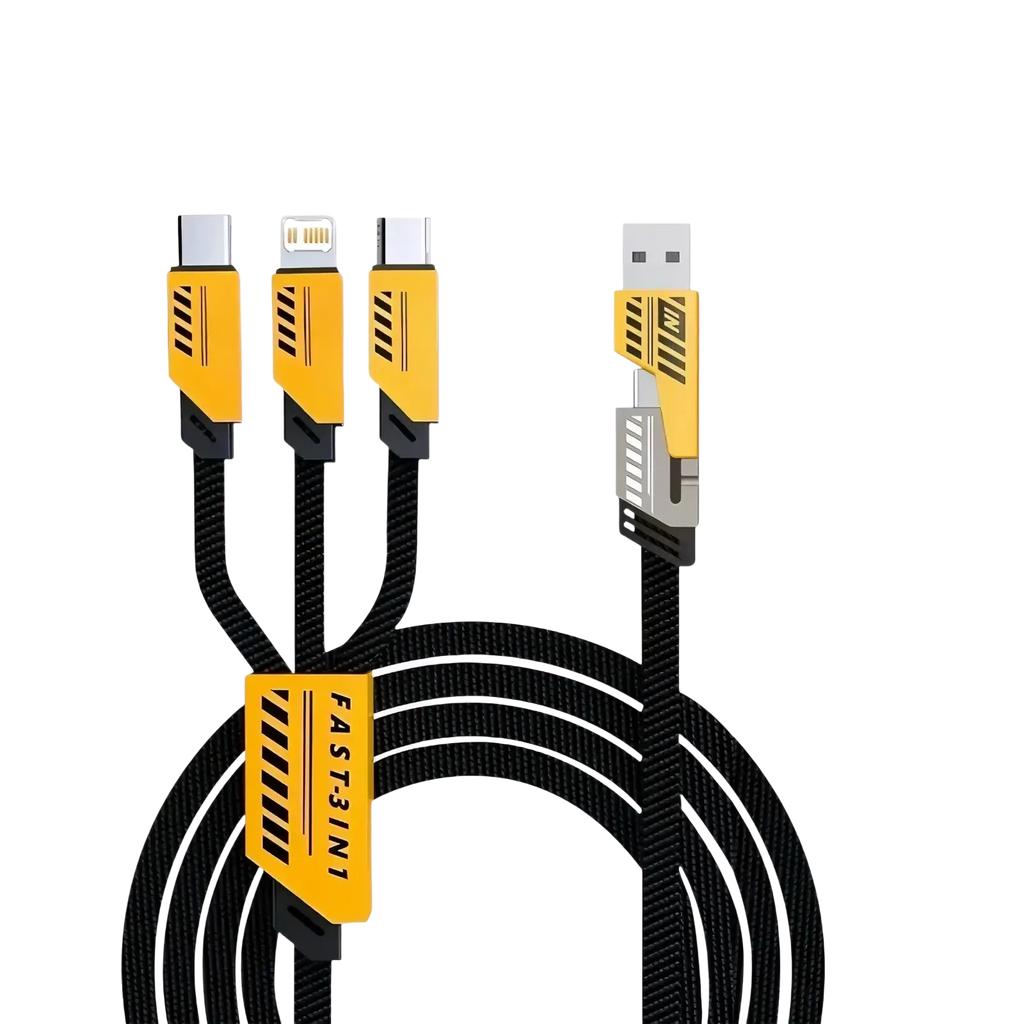 Black 1.2m 240w multi charging cable 3 in 1 fast cord with yellow connectors usb-a lightning and micro-usb ports