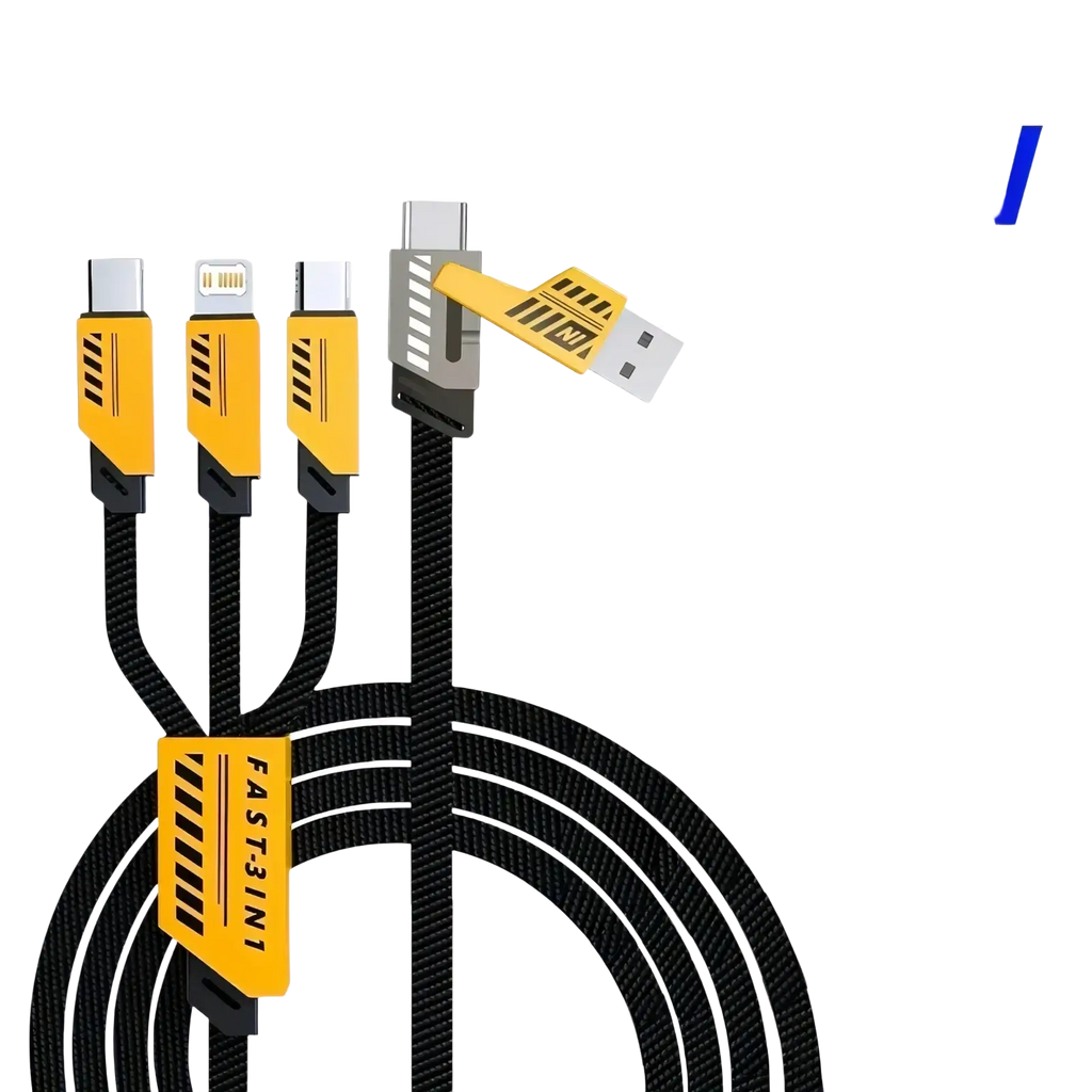 Black braided 240w multi charging cable with yellow and black usb lightning and type-c connectors for fast charging