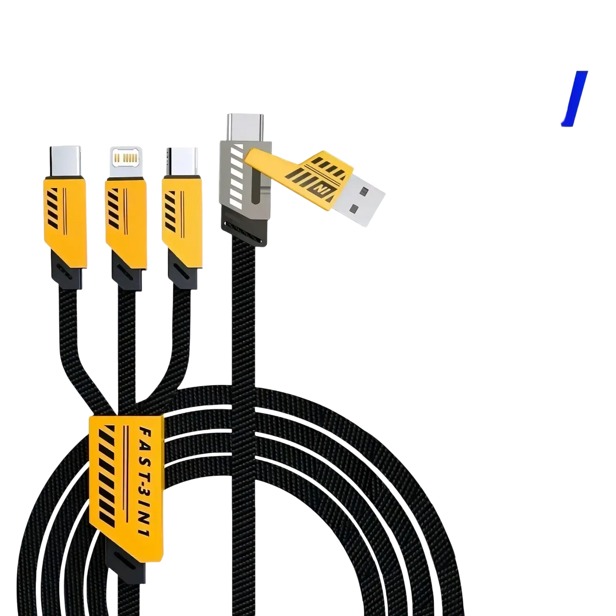 Black braided 240w multi charging cable with yellow and black usb lightning and type-c connectors for fast charging