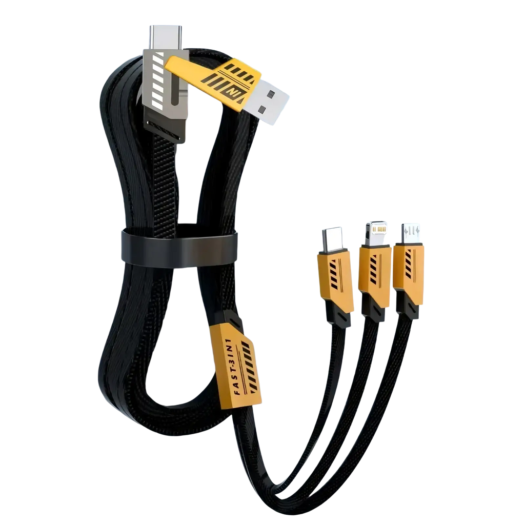 Black braided 240w multi charging cable 3 in 1 fast cord with yellow connectors and fast3in1 label