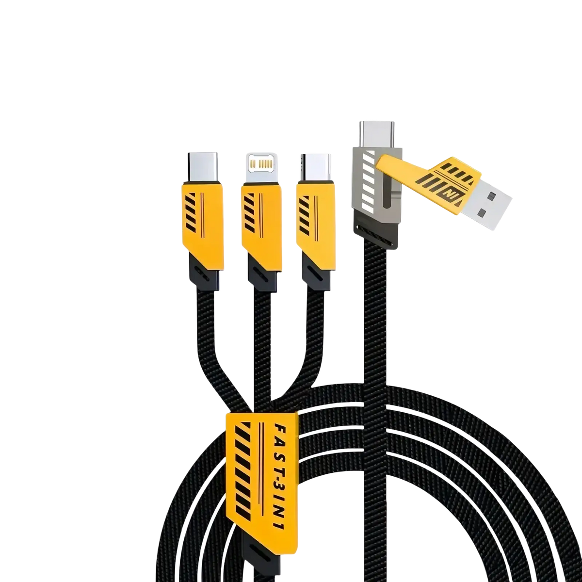Black braided 240w multi charging cable 3 in 1 fast cord with yellow usb-a lightning and type-c connectors