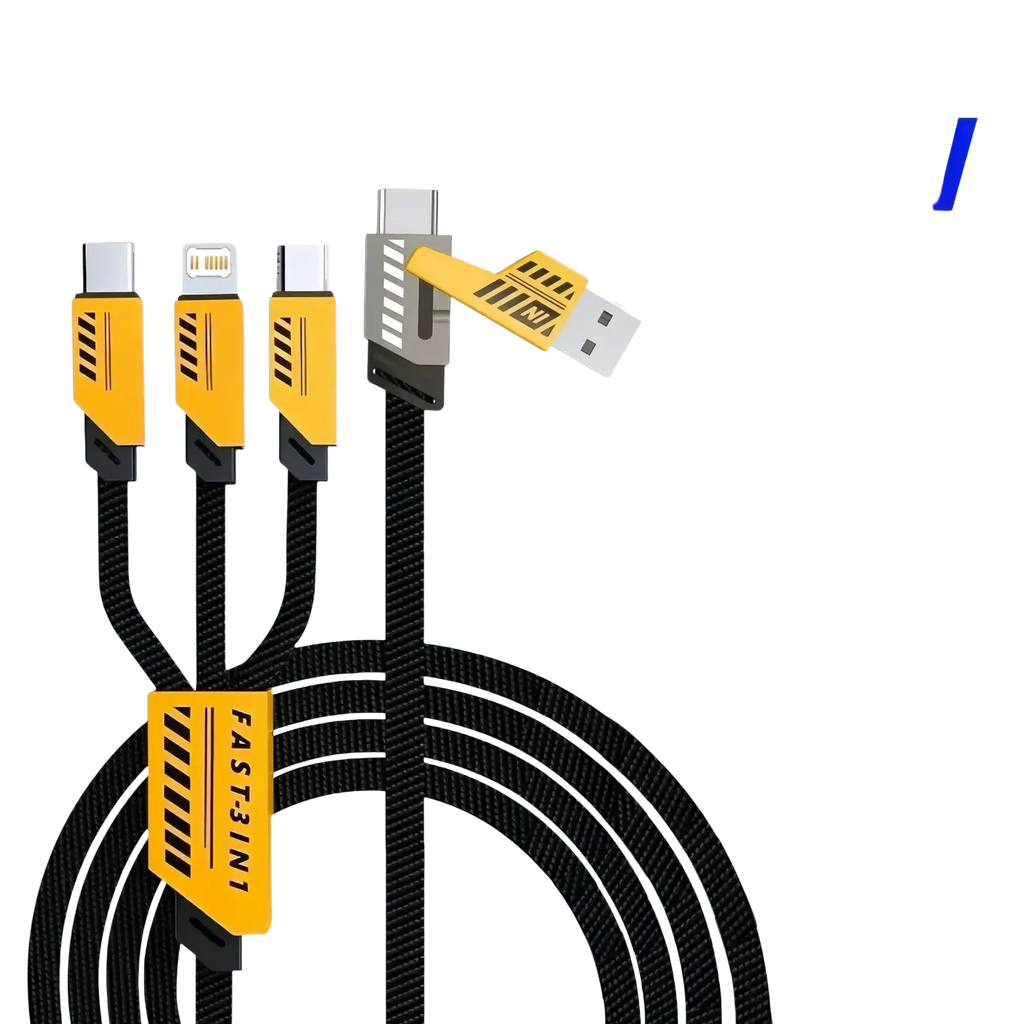 Black braided 240w multi charging cable 3 in 1 fast cord with yellow and black usb lightning and type-c connectors
