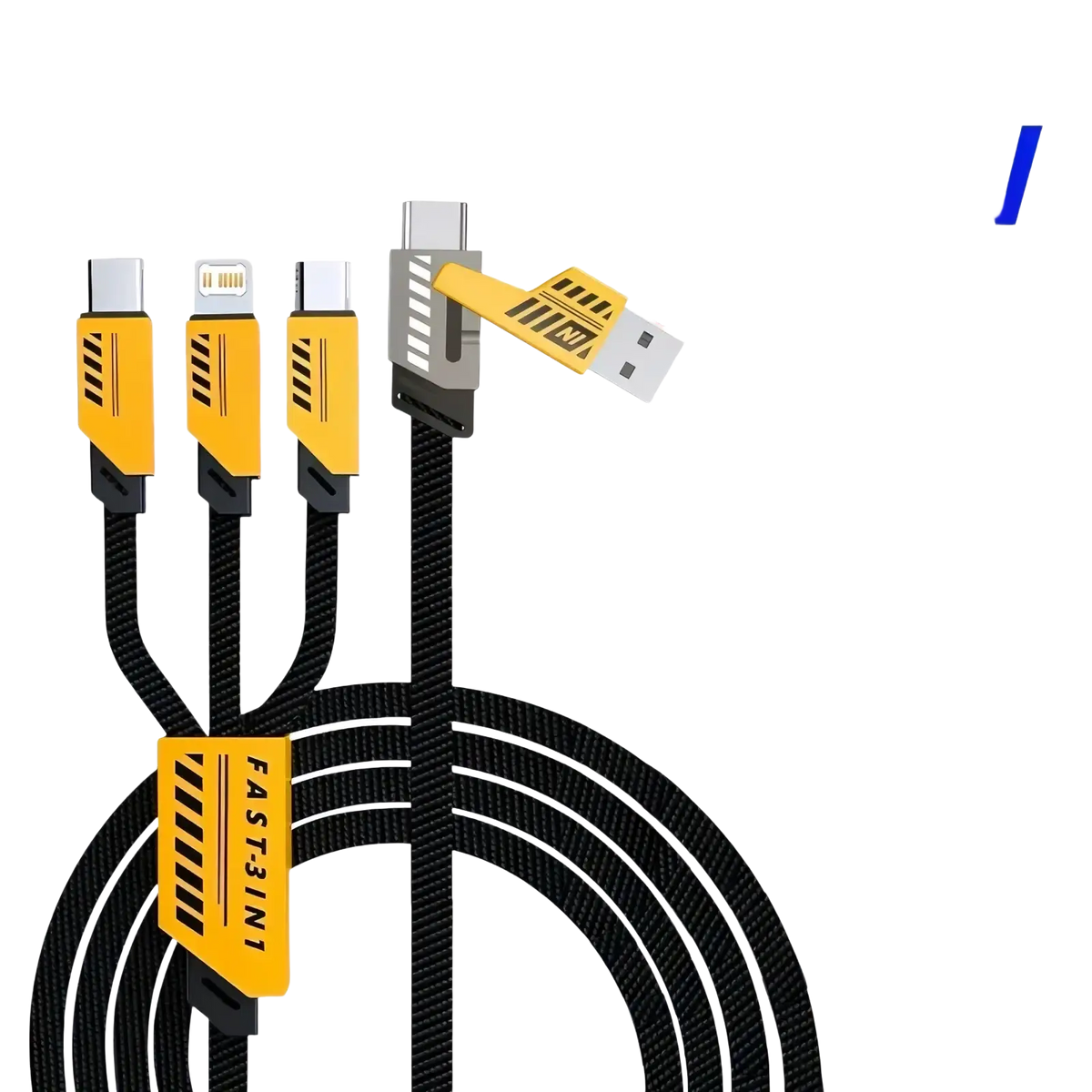 Black braided 240w multi charging cable 3 in 1 fast cord with yellow and black usb lightning and type-c connectors