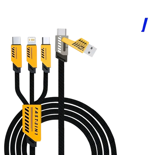 Black braided 240w multi charging cable 3 in 1 fast cord with yellow and black usb lightning and type-c connectors